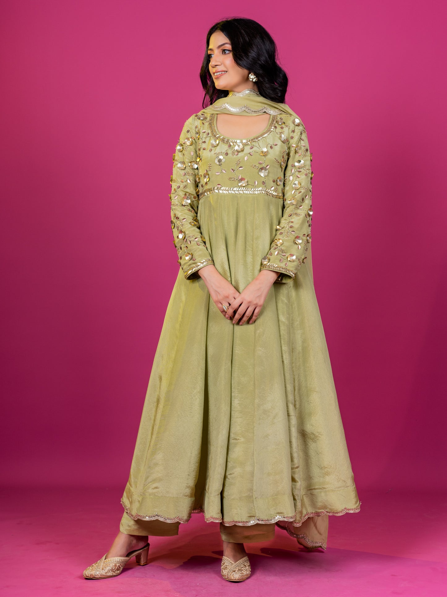 GREEN TISSUE HAND EMBROIDERED KURTA SET (SET OF 3)