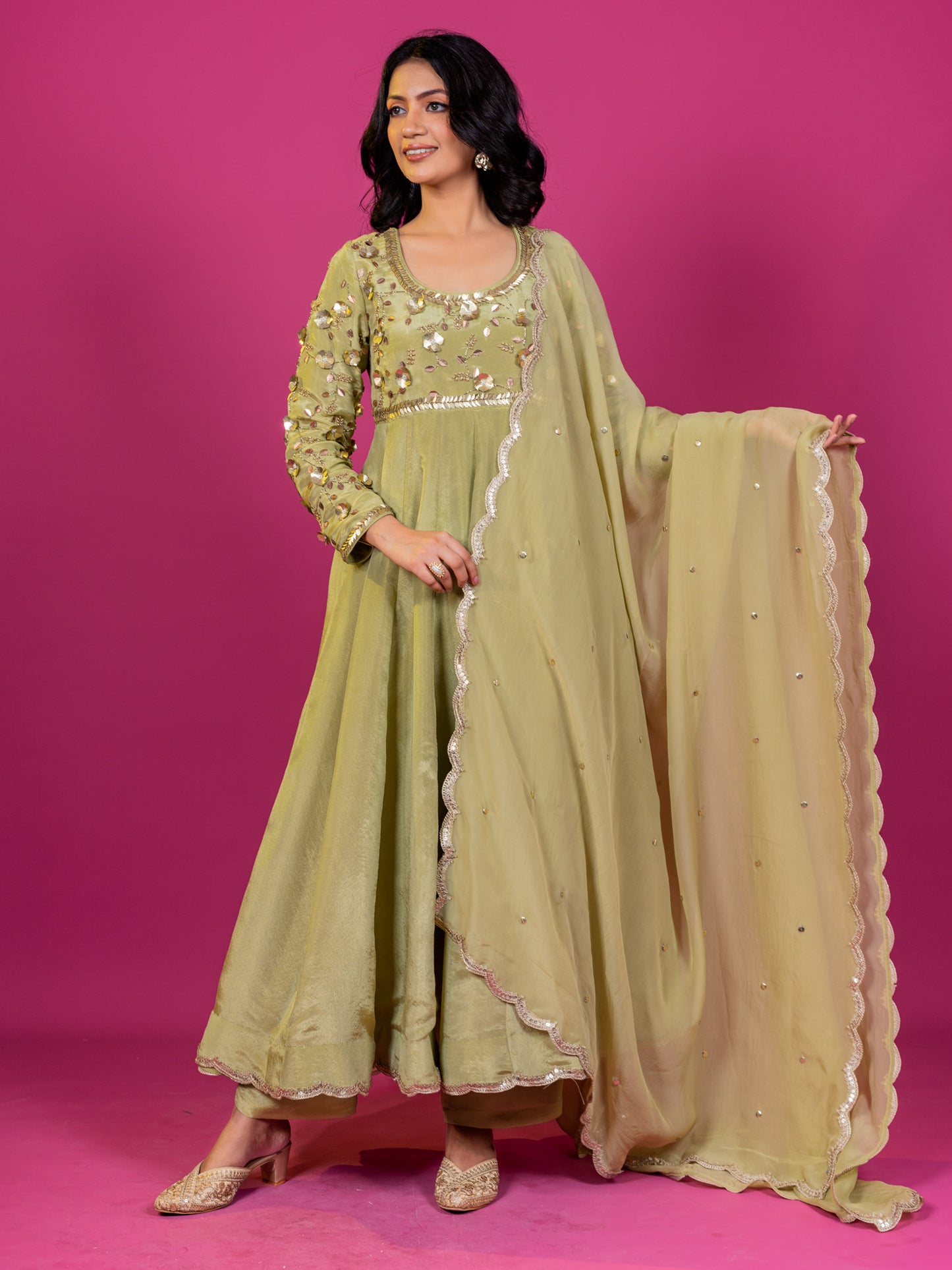 GREEN TISSUE HAND EMBROIDERED KURTA SET (SET OF 3)
