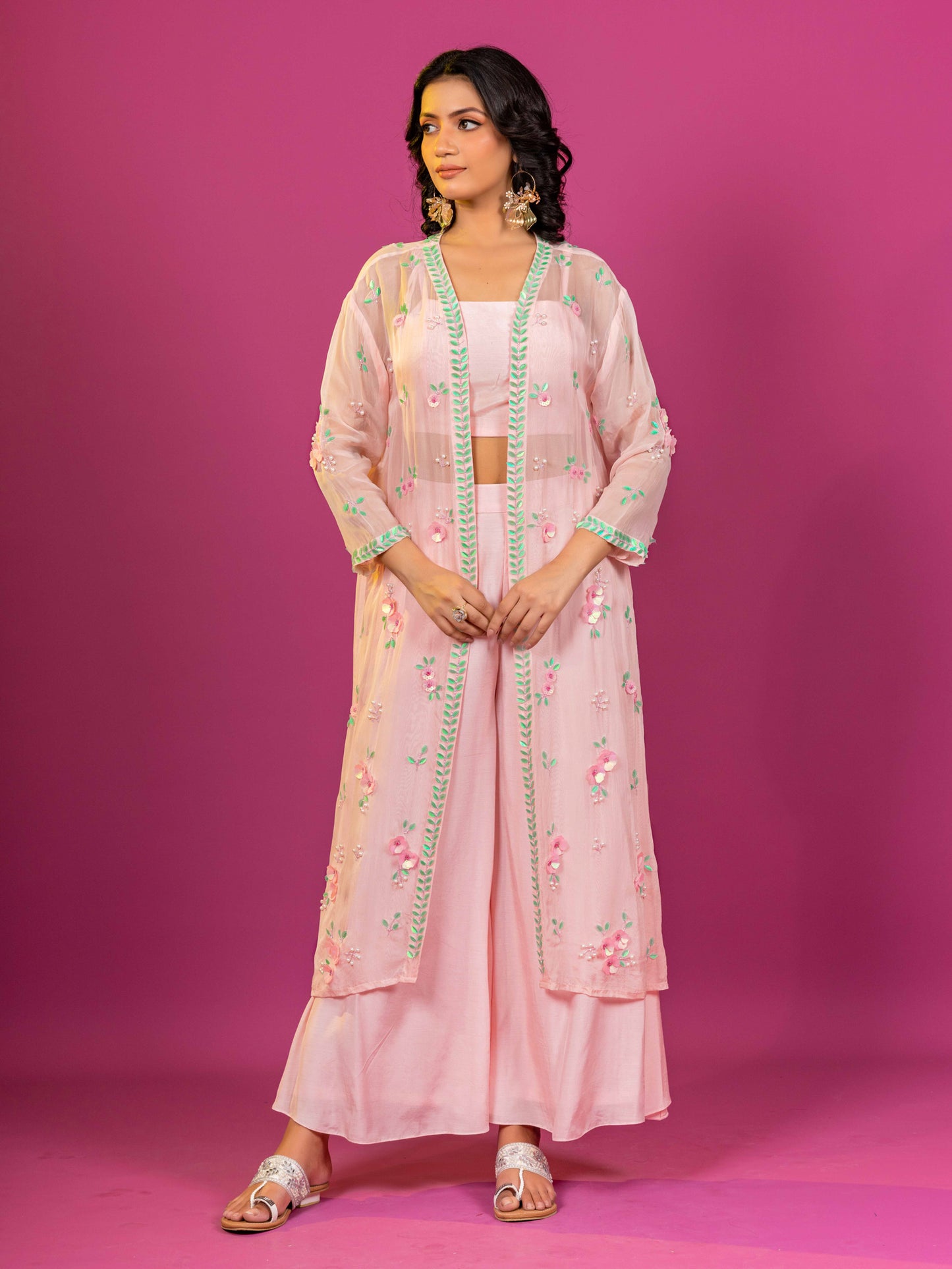 PINK MUSLINI HAND EMBROIDERED CO-ORD SET WITH ORGANZA SHRUG (SET OF 3)