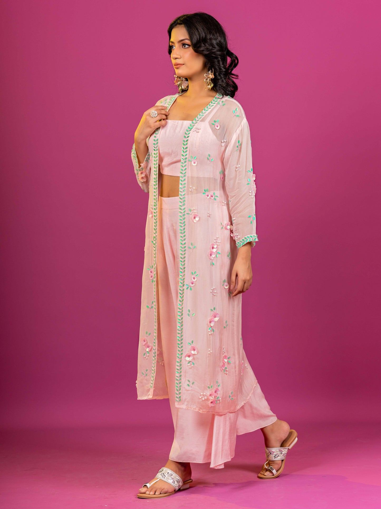 PINK MUSLINI HAND EMBROIDERED CO-ORD SET WITH ORGANZA SHRUG (SET OF 3)