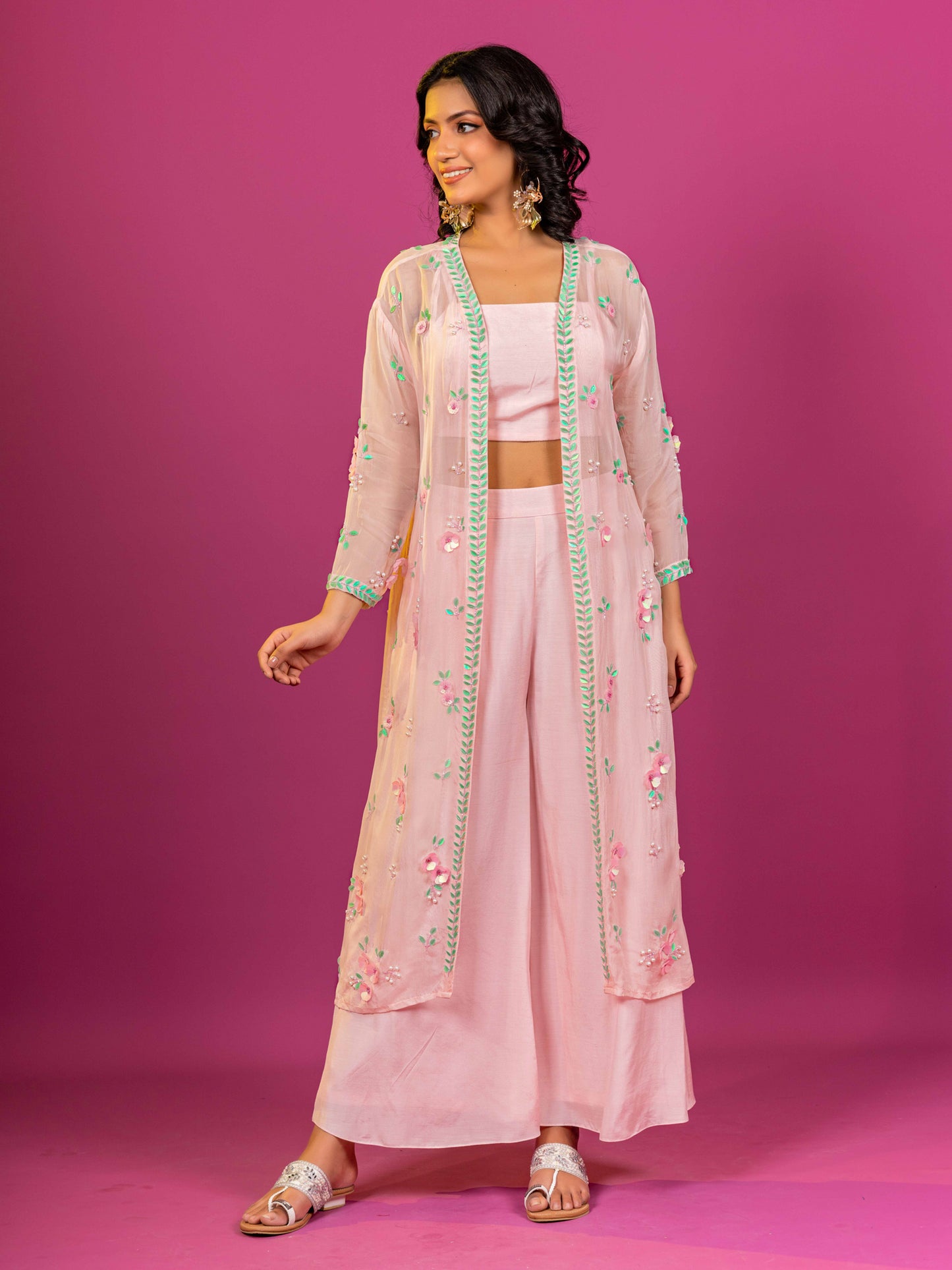 PINK MUSLINI HAND EMBROIDERED CO-ORD SET WITH ORGANZA SHRUG (SET OF 3)