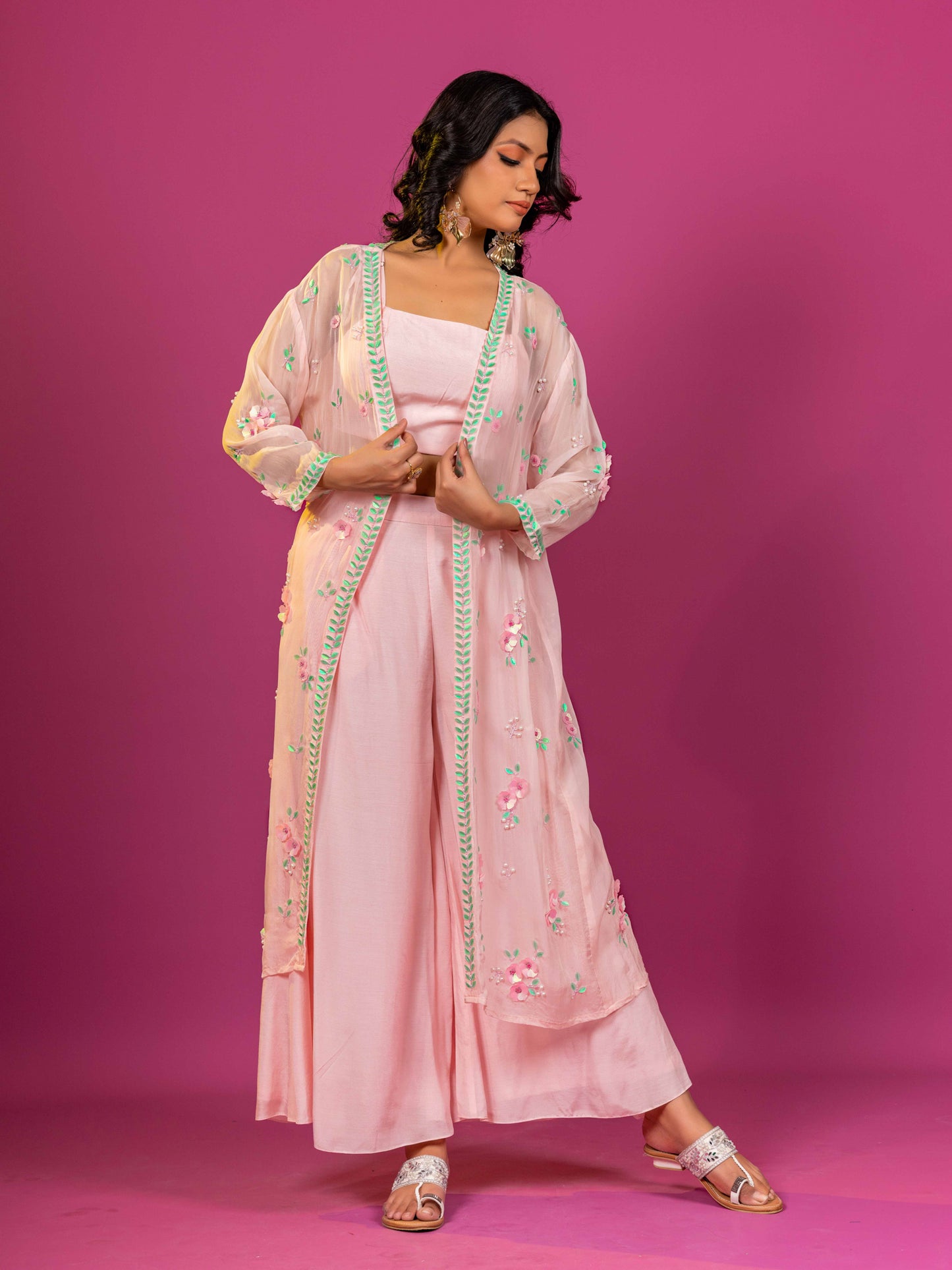 PINK MUSLINI HAND EMBROIDERED CO-ORD SET WITH ORGANZA SHRUG (SET OF 3)