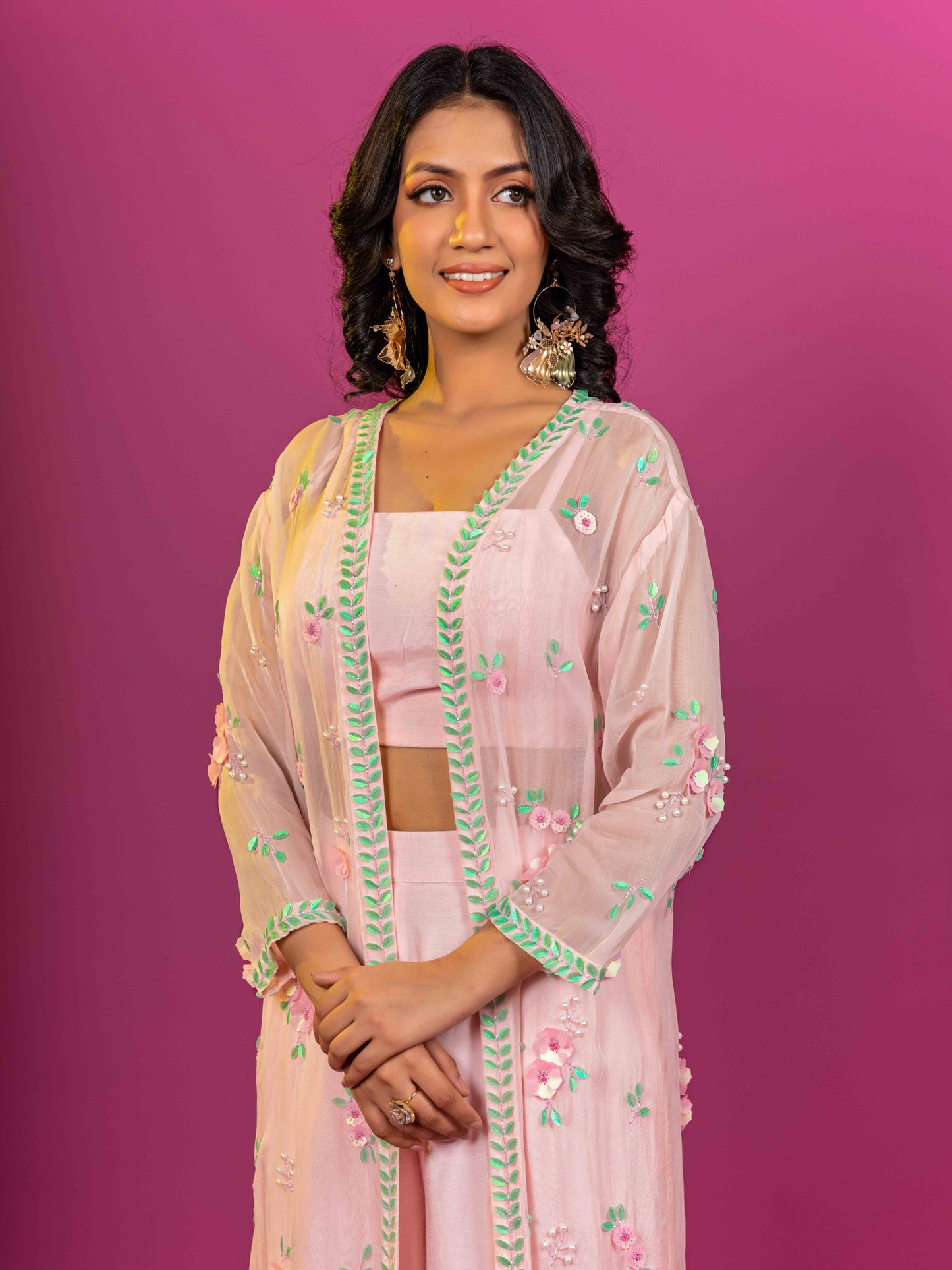 PINK MUSLINI HAND EMBROIDERED CO-ORD SET WITH ORGANZA SHRUG (SET OF 3)