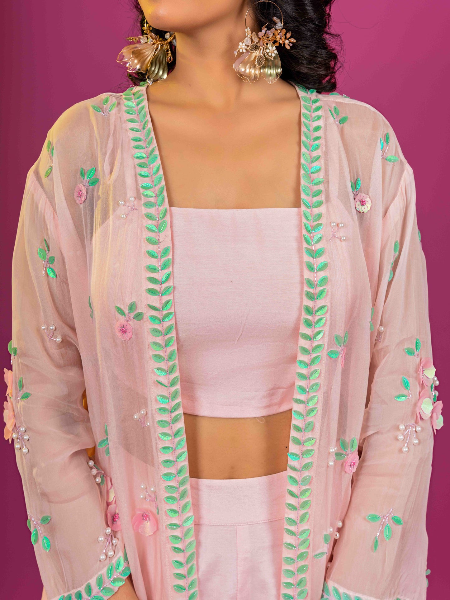 PINK MUSLINI HAND EMBROIDERED CO-ORD SET WITH ORGANZA SHRUG (SET OF 3)