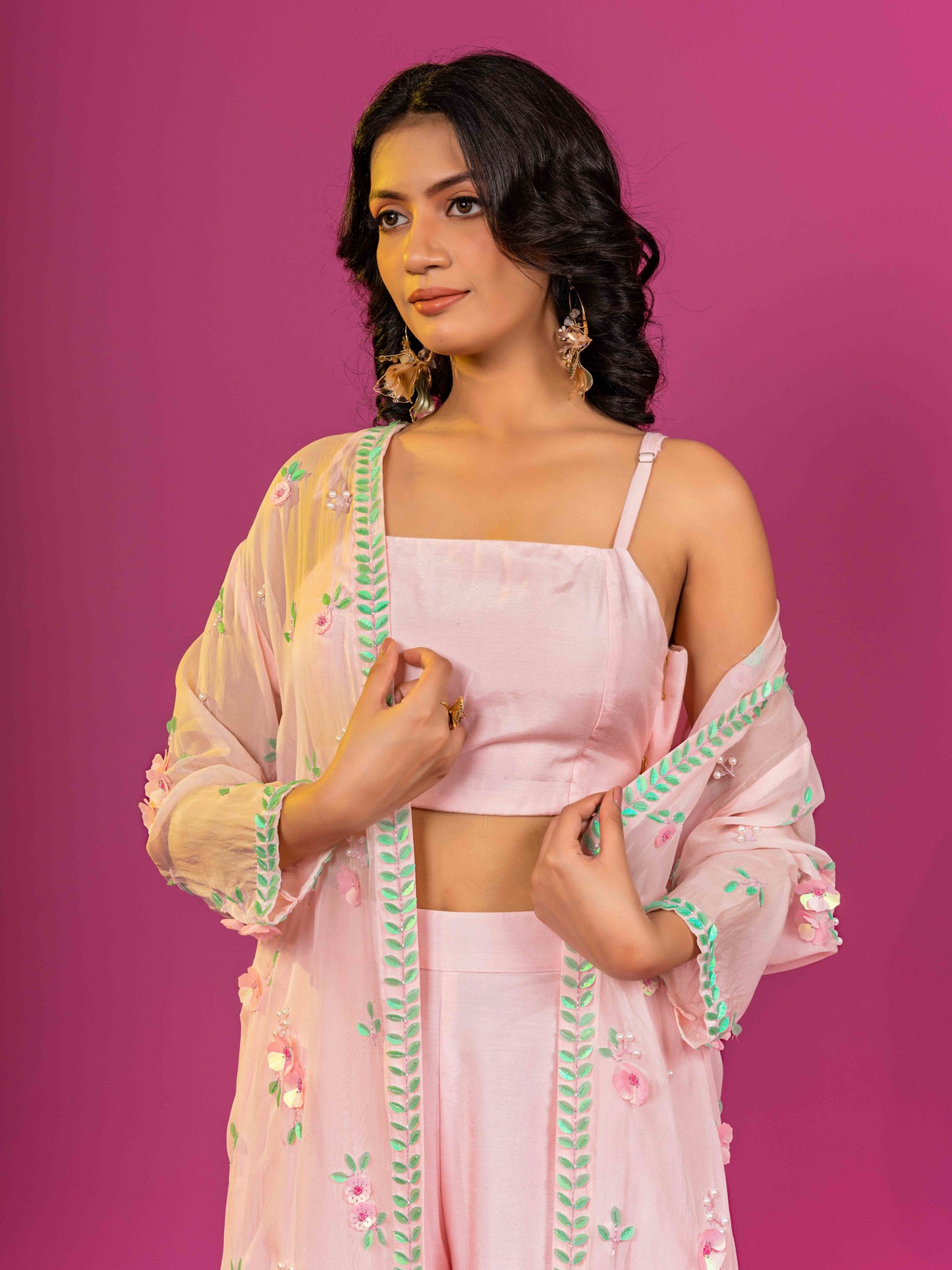 PINK MUSLINI HAND EMBROIDERED CO-ORD SET WITH ORGANZA SHRUG (SET OF 3)