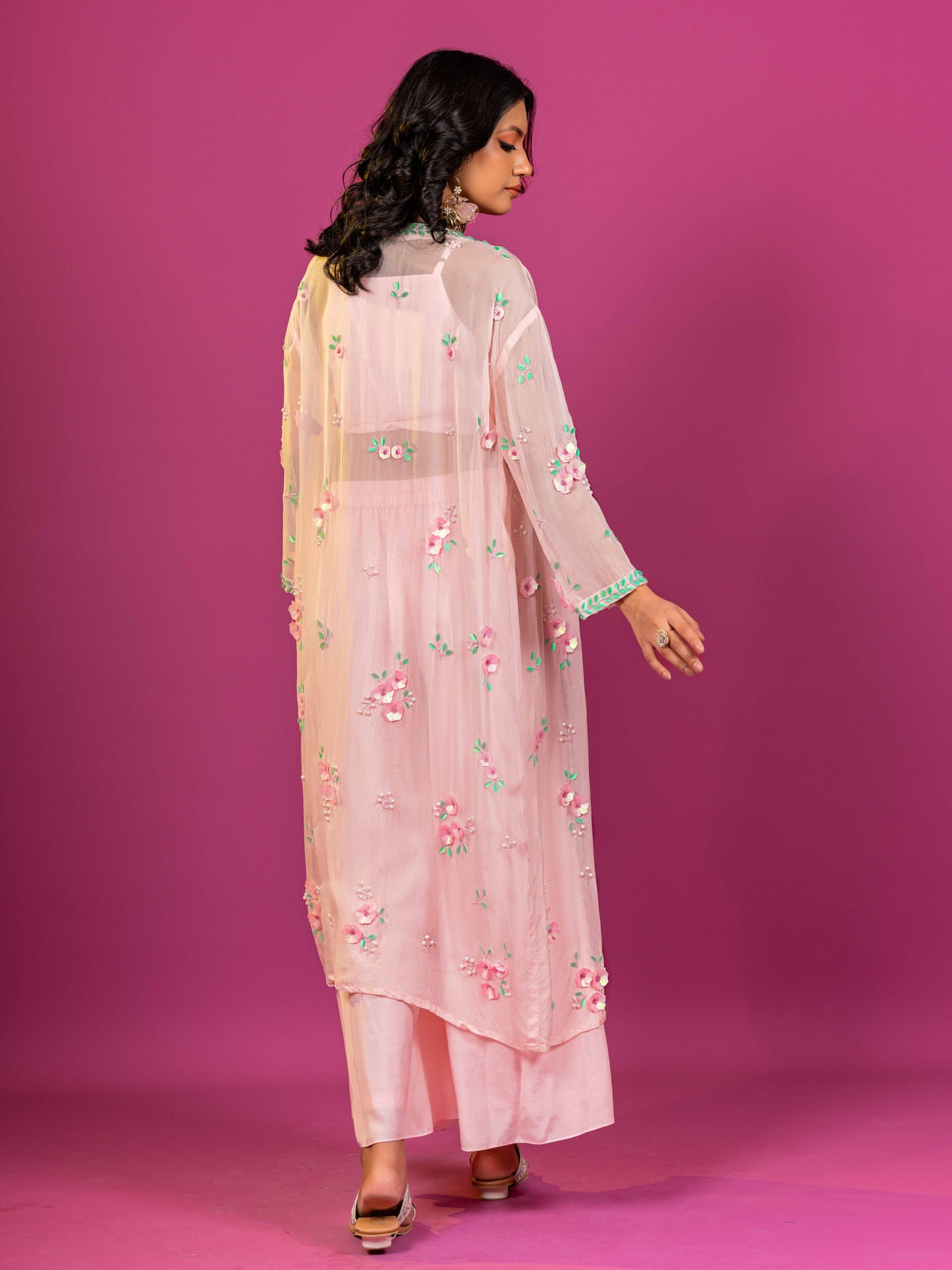PINK MUSLINI HAND EMBROIDERED CO-ORD SET WITH ORGANZA SHRUG (SET OF 3)