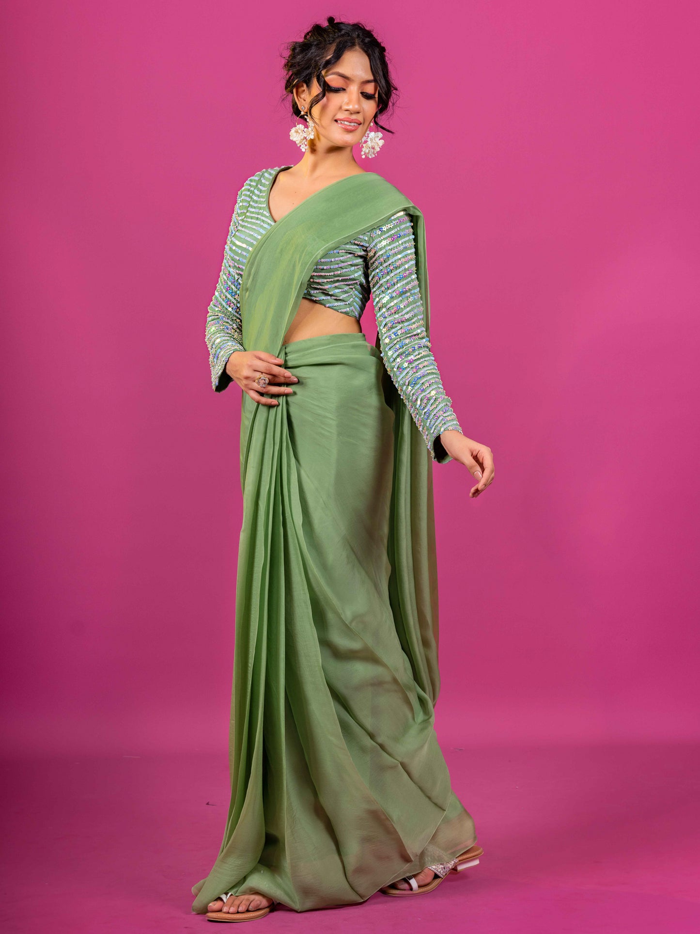 GREEN PURE ORGANZA HAND EMBROIDERED BLOUSE WITH PRE-DRAPED SAARI (SET OF 2)