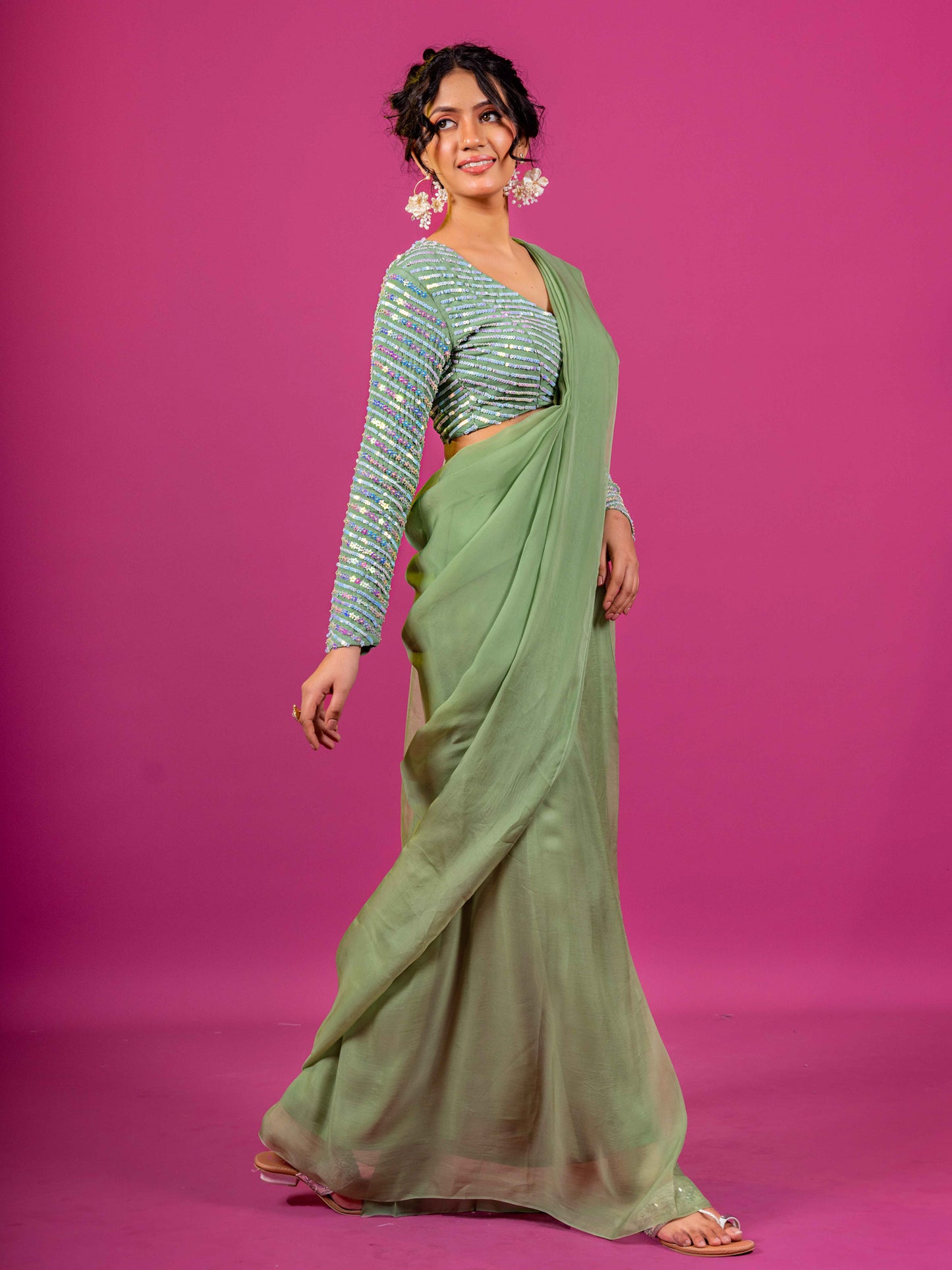 GREEN PURE ORGANZA HAND EMBROIDERED BLOUSE WITH PRE-DRAPED SAARI (SET OF 2)