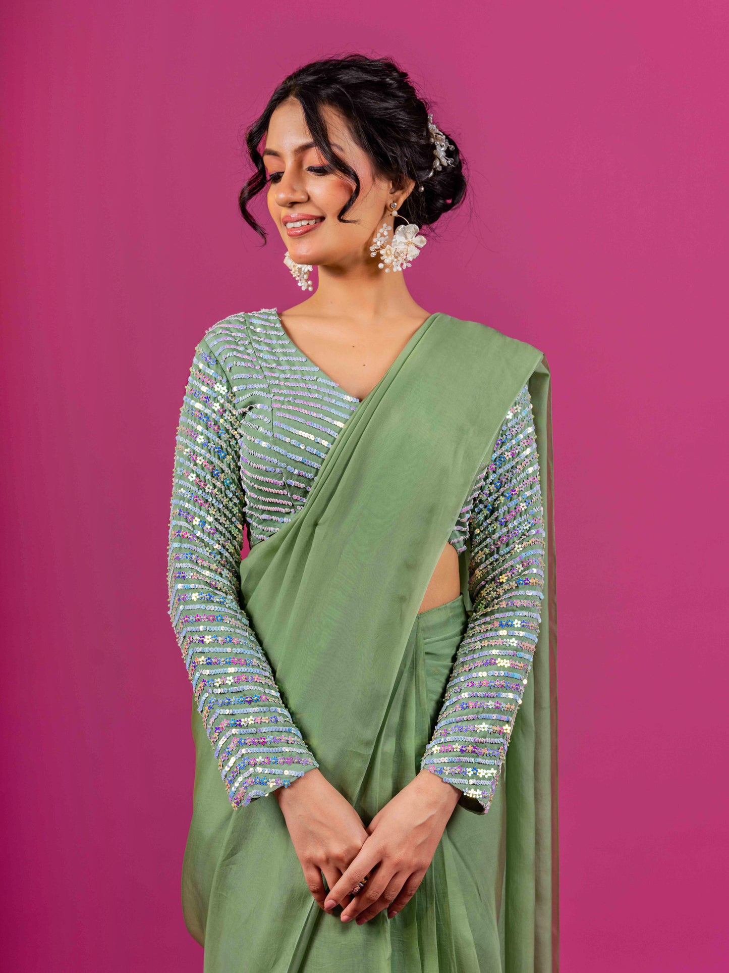 GREEN PURE ORGANZA HAND EMBROIDERED BLOUSE WITH PRE-DRAPED SAARI (SET OF 2)