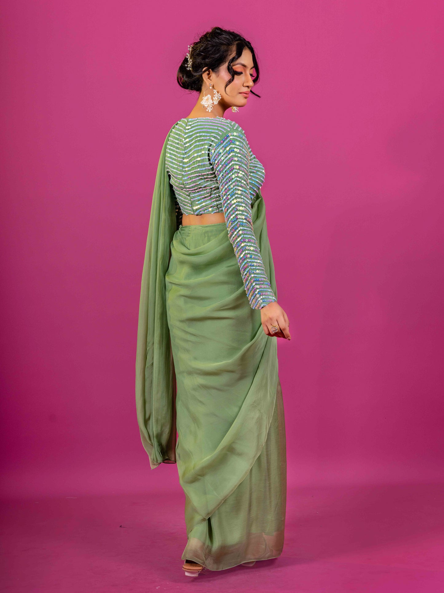 GREEN PURE ORGANZA HAND EMBROIDERED BLOUSE WITH PRE-DRAPED SAARI (SET OF 2)