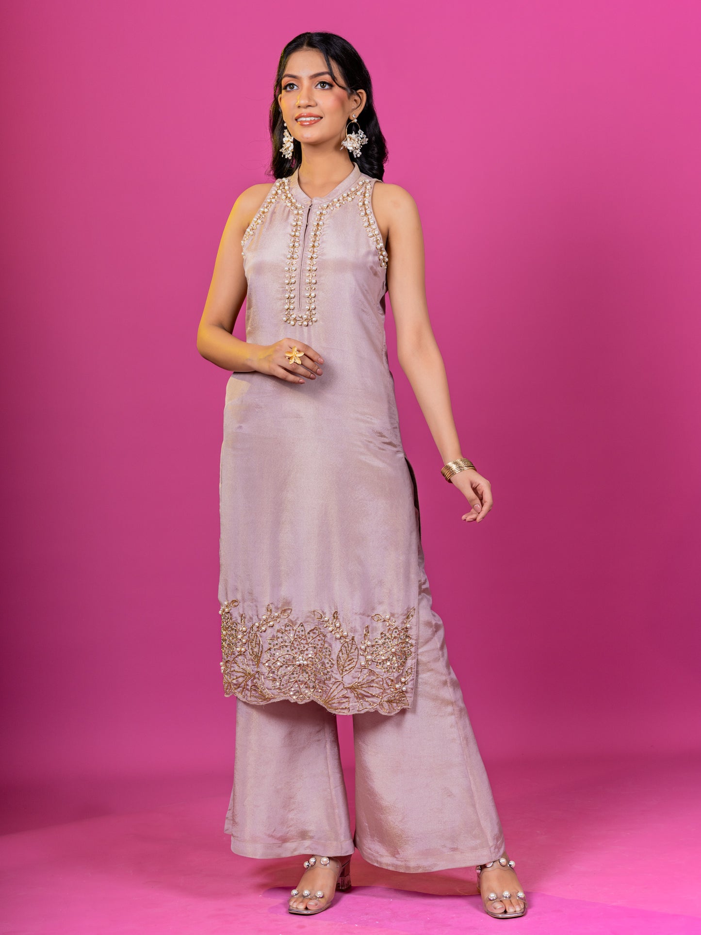 LAVENDER TISSUE HAND EMBROIDERED HALTER NECK KURTA CO-ORD SET (SET OF 2)