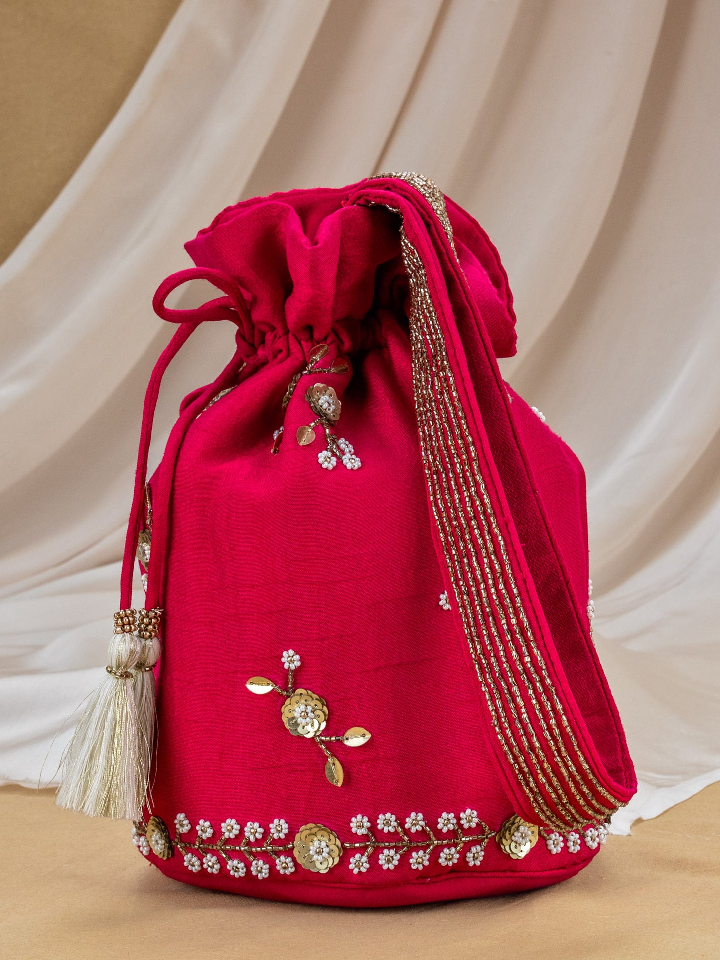 Red Charkha Silk Potli with Hand Embroidery