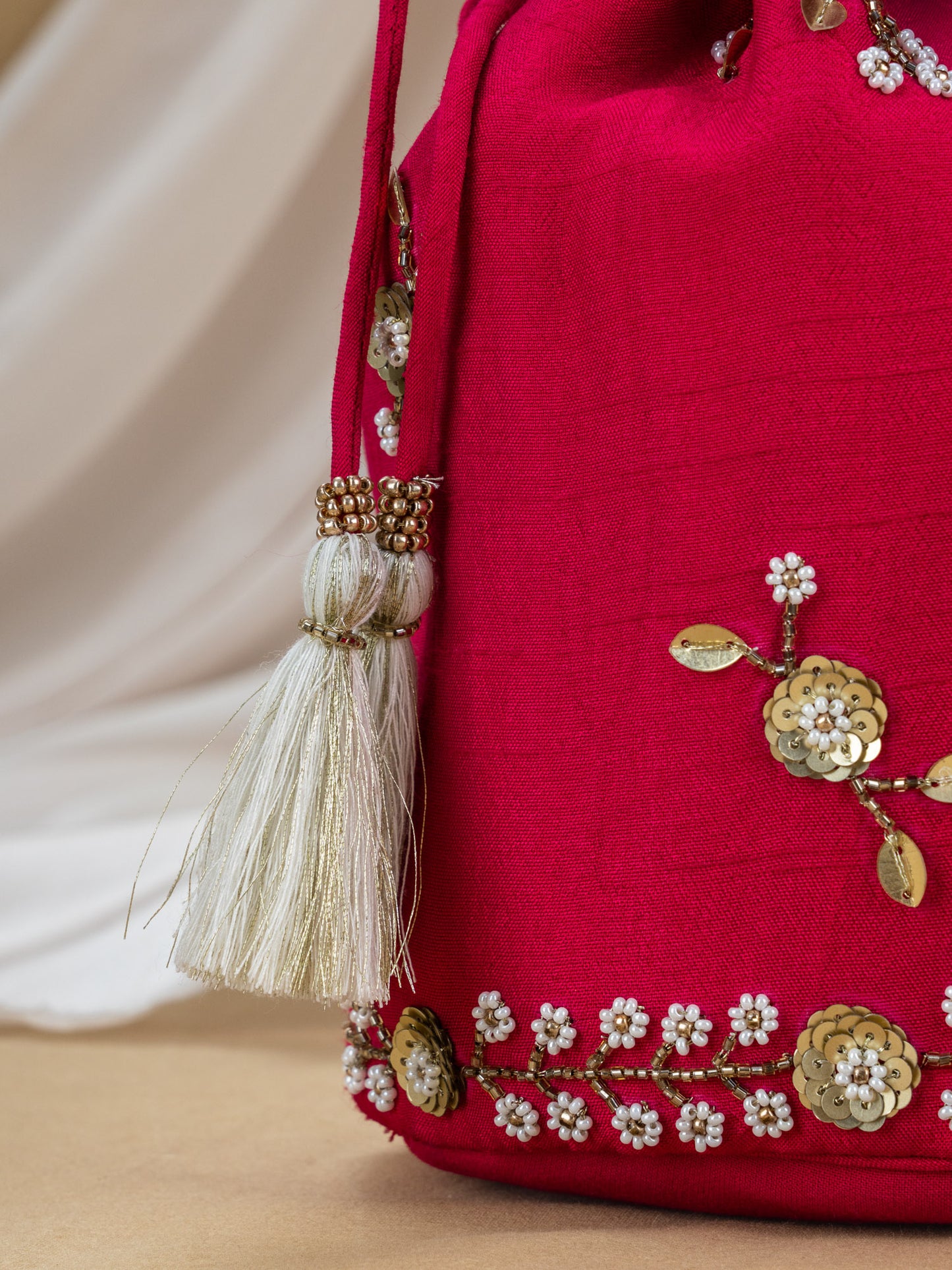 Red Charkha Silk Potli with Hand Embroidery