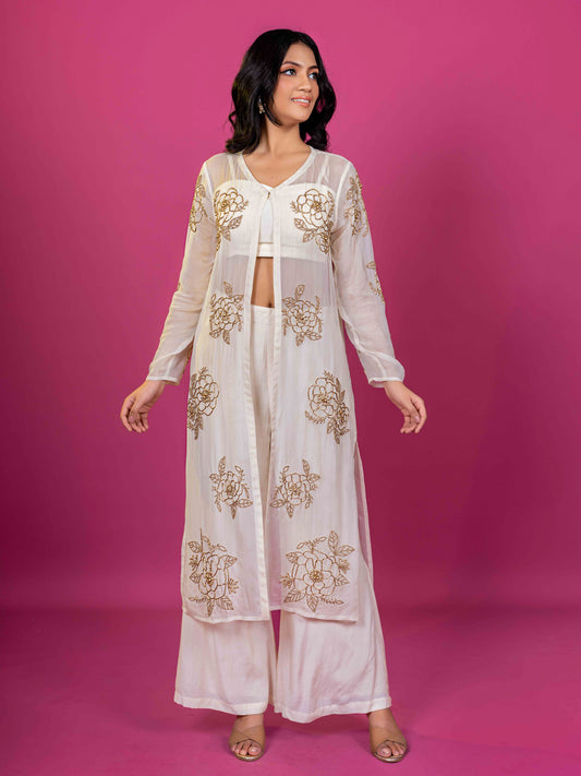 off white muslin  CO-ORD SET WITH HAND EMBROIDERED ORGANZA SHRUG (SET OF 3))