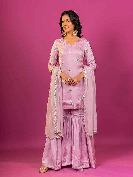 PURPLE PURE SATIN HAND EMBROIDERED SHARARA SET WITH DUPATTA (SET OF 3)