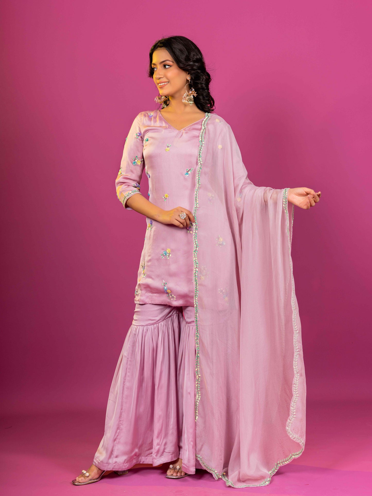 PURPLE PURE SATIN HAND EMBROIDERED SHARARA SET WITH DUPATTA (SET OF 3)