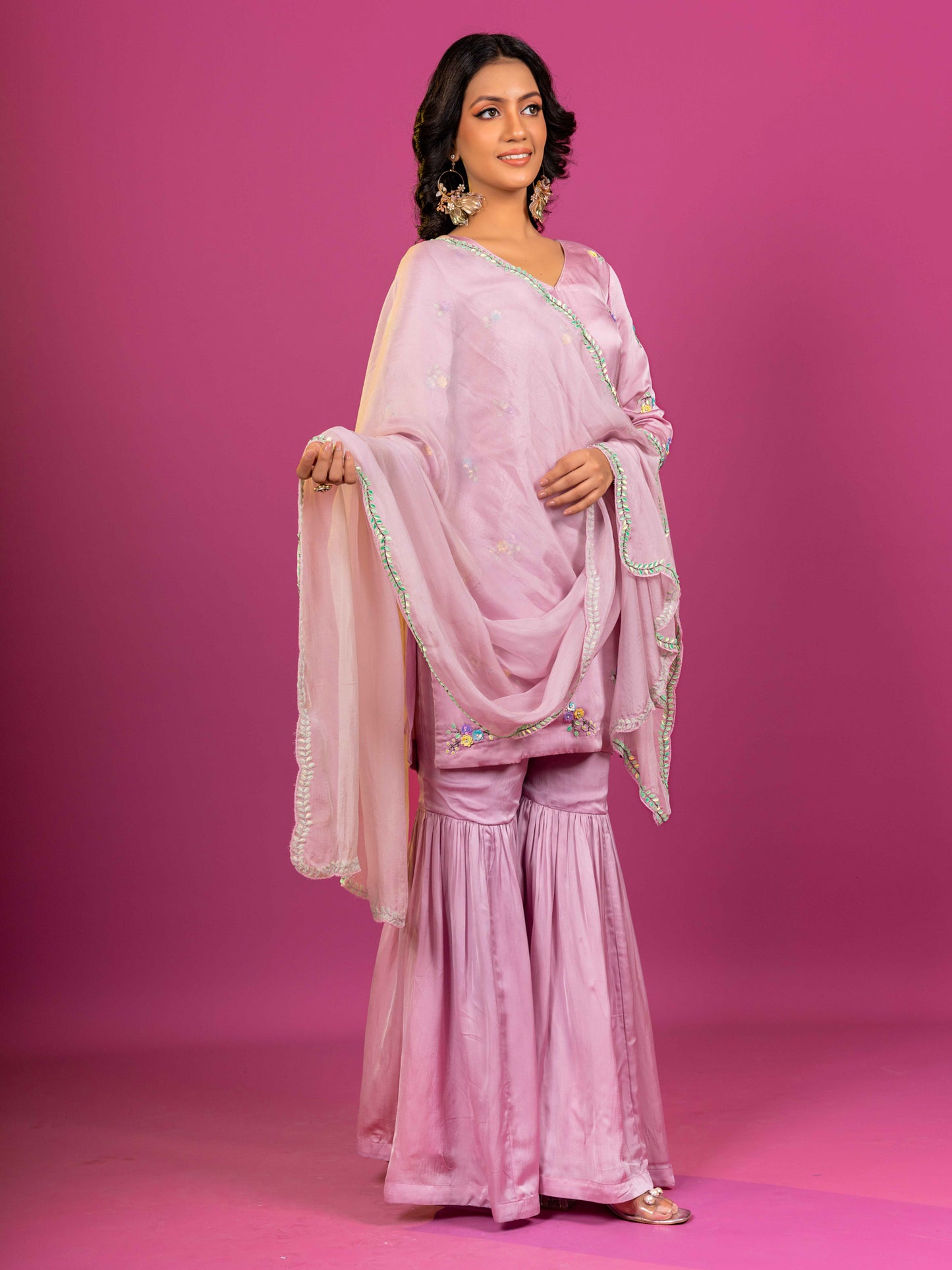 PURPLE PURE SATIN HAND EMBROIDERED SHARARA SET WITH DUPATTA (SET OF 3)