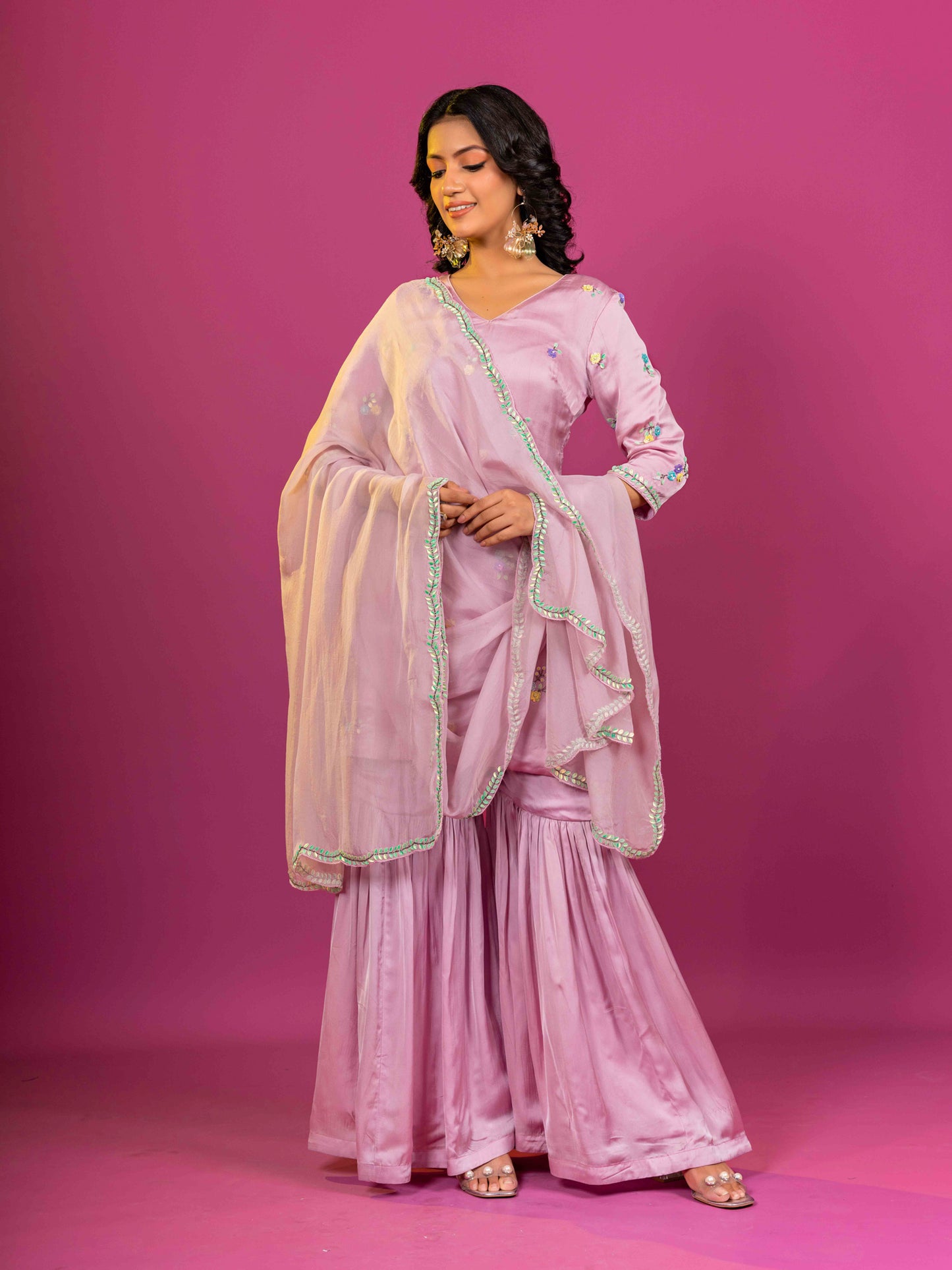 PURPLE PURE SATIN HAND EMBROIDERED SHARARA SET WITH DUPATTA (SET OF 3)
