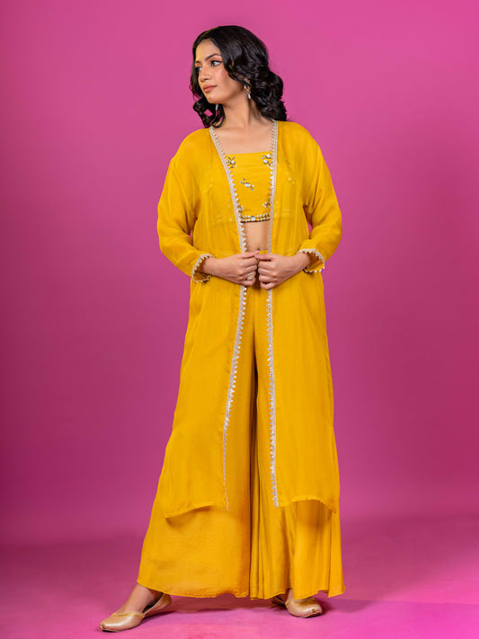 YELLOW MUSLIN HAND EMBROIDERED CO-ORD SET WITH ORGANZA SHRUG (SET OF 3)