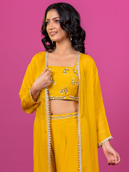 YELLOW MUSLIN HAND EMBROIDERED CO-ORD SET WITH ORGANZA SHRUG (SET OF 3)