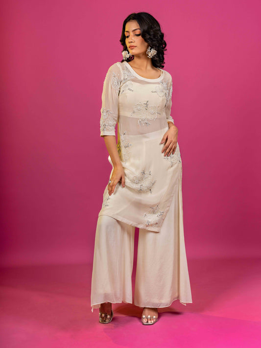 OFF WHITE CHANDERI HAND EMBROIDERED CO-ORD SET WITH ORGANZA KURTA (SET OF 3)