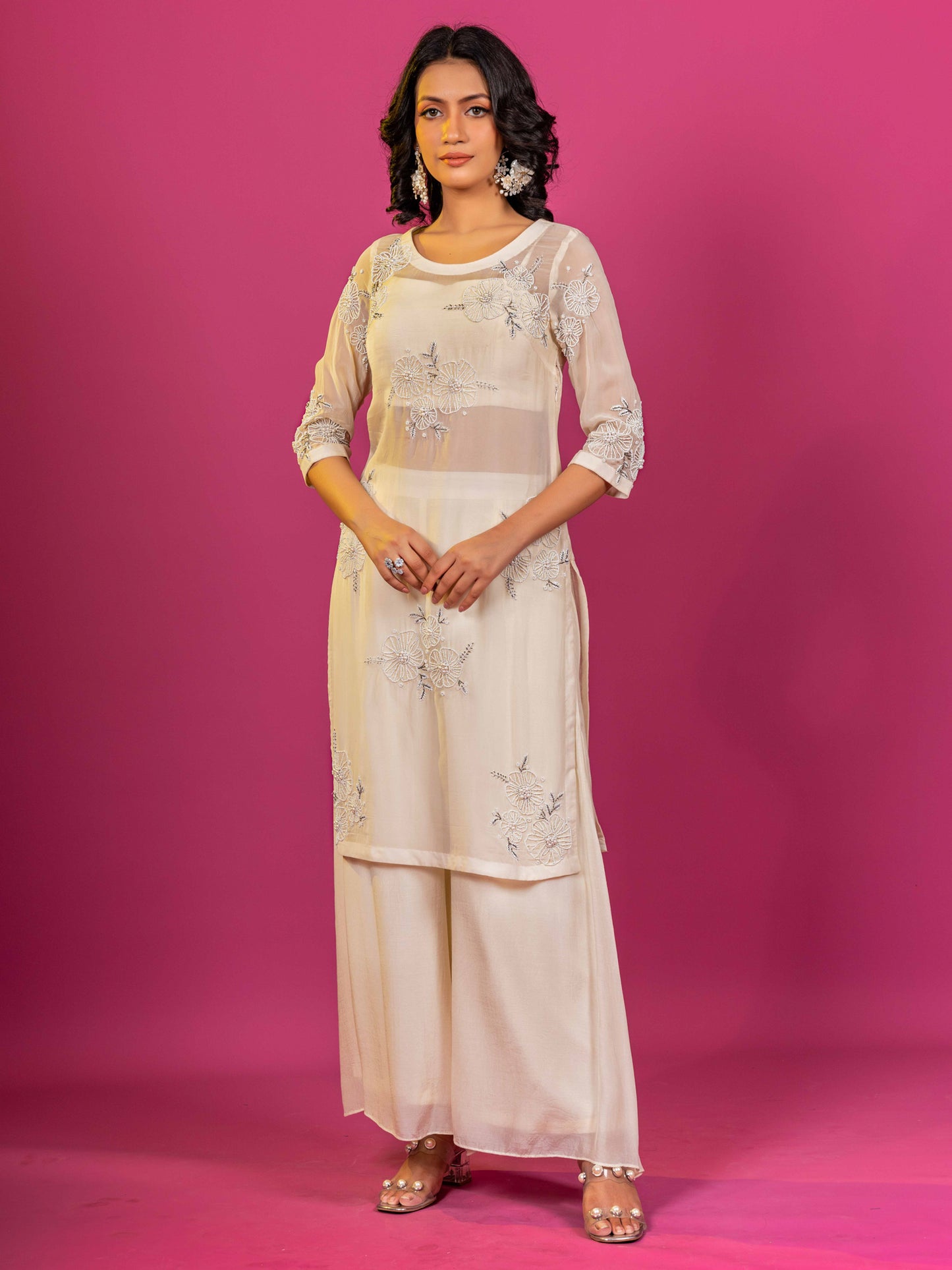 OFF WHITE CHANDERI HAND EMBROIDERED CO-ORD SET WITH ORGANZA KURTA (SET OF 3)