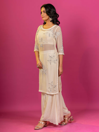 OFF WHITE CHANDERI HAND EMBROIDERED CO-ORD SET WITH ORGANZA KURTA (SET OF 3)