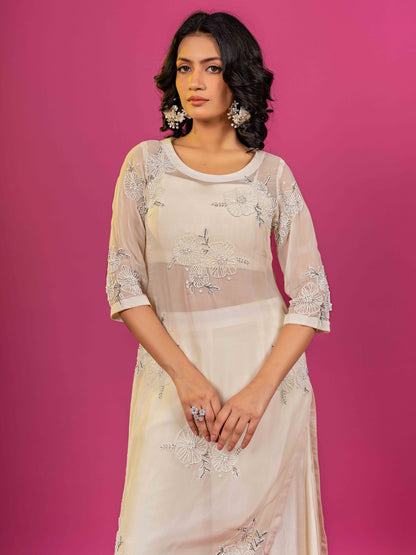 OFF WHITE CHANDERI HAND EMBROIDERED CO-ORD SET WITH ORGANZA KURTA (SET OF 3)