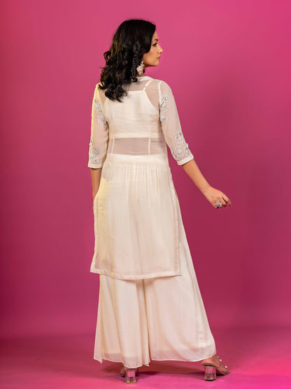 OFF WHITE CHANDERI HAND EMBROIDERED CO-ORD SET WITH ORGANZA KURTA (SET OF 3)