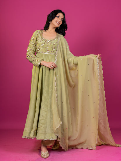 GREEN TISSUE HAND EMBROIDERED KURTA SET (SET OF 3)