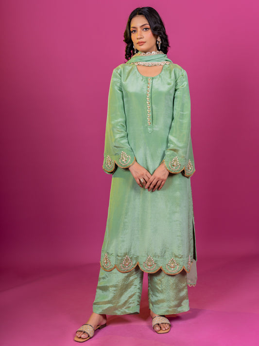 PURPLE TISSUE HAND EMBROIDERED KURTA SET WITH DUPATTA (SET OF 3)