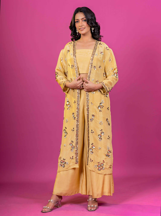 YELLOW MUSLIN I HAND EMBROIDERED CO-ORD SET WITH ORGANZA SHRUG (SET OF 3)