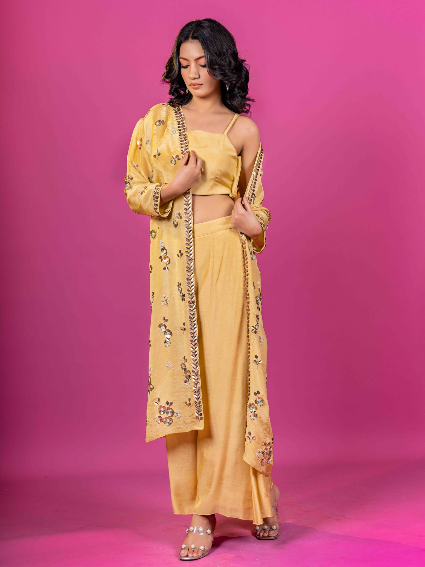 YELLOW MUSLIN I HAND EMBROIDERED CO-ORD SET WITH ORGANZA SHRUG (SET OF 3)