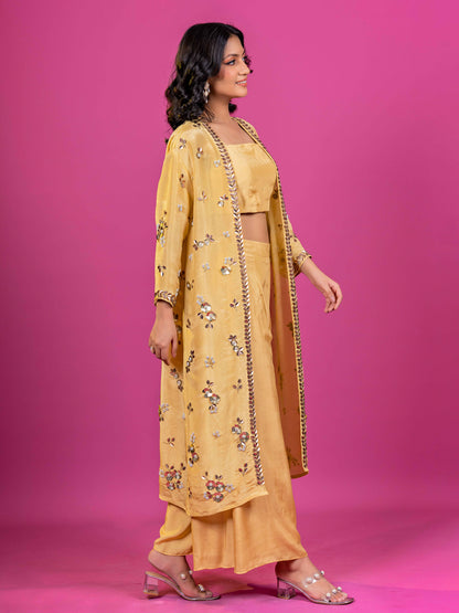 YELLOW MUSLIN I HAND EMBROIDERED CO-ORD SET WITH ORGANZA SHRUG (SET OF 3)