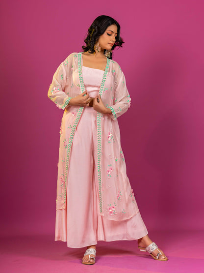 PINK MUSLINI HAND EMBROIDERED CO-ORD SET WITH ORGANZA SHRUG (SET OF 3)