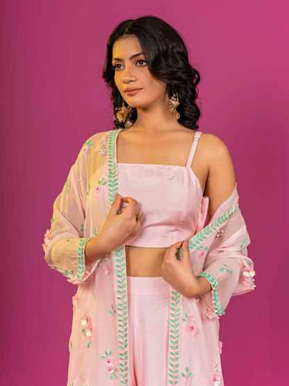 PINK MUSLINI HAND EMBROIDERED CO-ORD SET WITH ORGANZA SHRUG (SET OF 3)