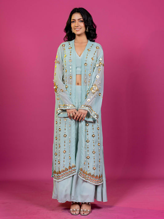 MINT BLUE MUSLIN HAND EMBROIDERED CO-ORD SET WITH ORGANZA SHRUG (SET OF 3)