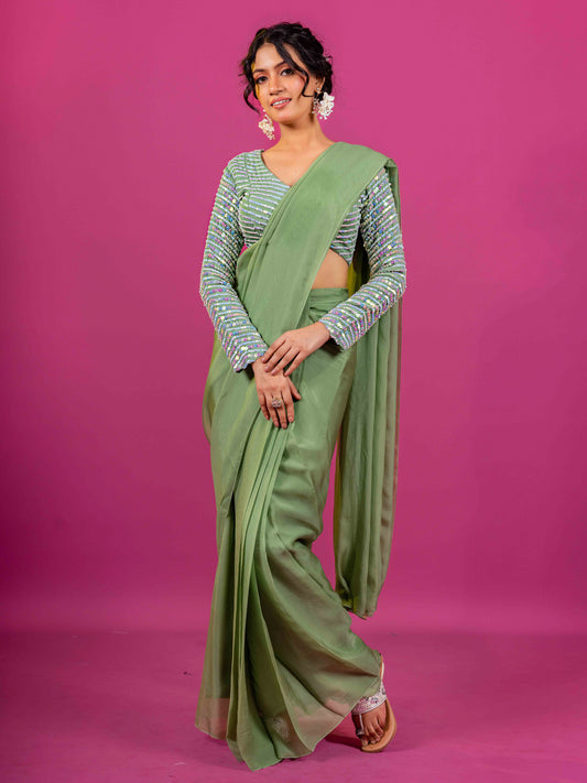 GREEN PURE ORGANZA HAND EMBROIDERED BLOUSE WITH PRE-DRAPED SAARI (SET OF 2)