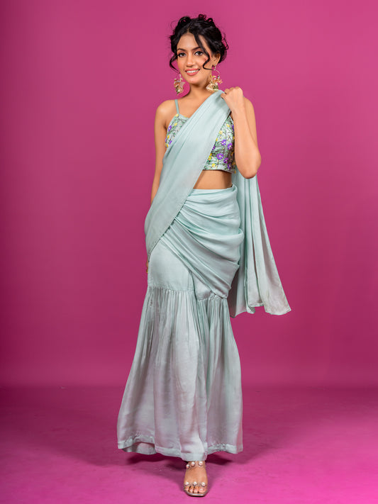 SKY BLUE PURE SATIN BLOUSE WITH SHARARA SAARI SET(SET 0F 2)