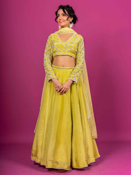 YELLOW PURE TISSUE HAND EMBROIDERED LAHENGA SET WITH DUPATTA (SET OF 3)