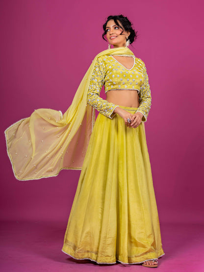 YELLOW PURE TISSUE HAND EMBROIDERED LAHENGA SET WITH DUPATTA (SET OF 3)