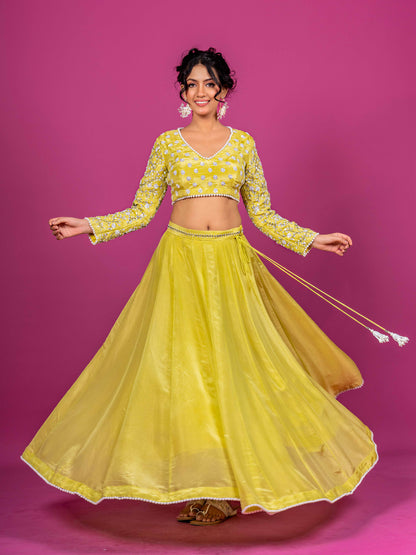 YELLOW PURE TISSUE HAND EMBROIDERED LAHENGA SET WITH DUPATTA (SET OF 3)