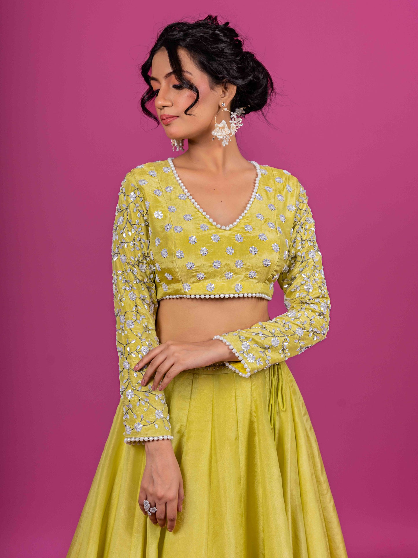 YELLOW PURE TISSUE HAND EMBROIDERED LAHENGA SET WITH DUPATTA (SET OF 3)