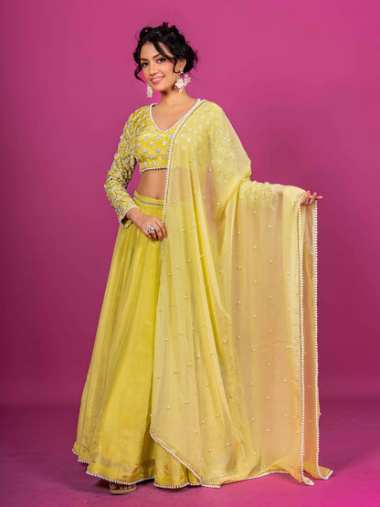 YELLOW PURE TISSUE HAND EMBROIDERED LAHENGA SET WITH DUPATTA (SET OF 3)