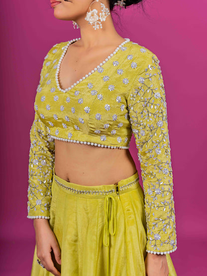 YELLOW PURE TISSUE HAND EMBROIDERED LAHENGA SET WITH DUPATTA (SET OF 3)
