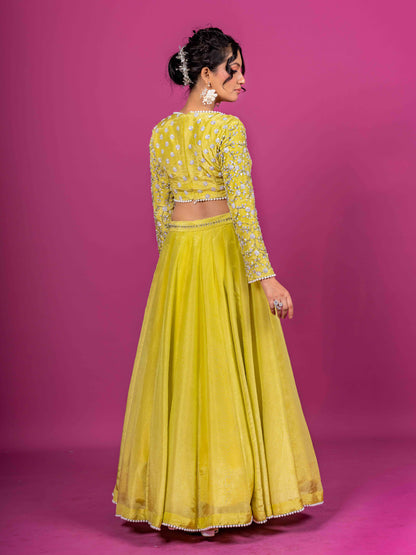 YELLOW PURE TISSUE HAND EMBROIDERED LAHENGA SET WITH DUPATTA (SET OF 3)