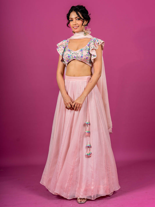 PINK PURE ORGANZA HAND EMBROIDERED LAHENGA SET WITH DUPATTA (SET OF 3)