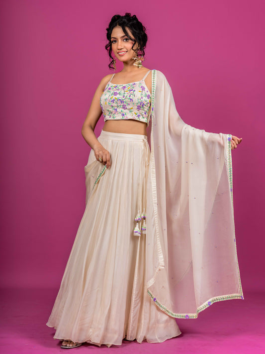 OFF WHITE PURE ORGANZA HAND EMBROIDERED LAHENGA SET WITH DUPATTA (SET OF 3)