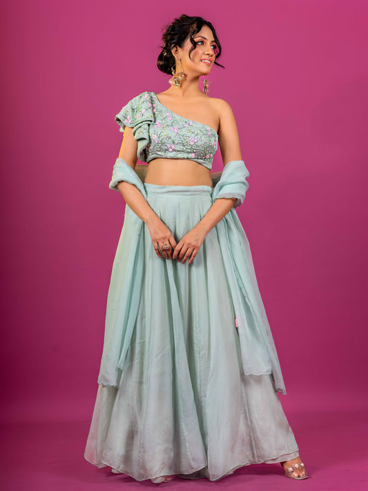 SKY BLUE PURE ORGANZA HAND EMBROIDERED LEHENGA SET WITH DUPATTA (SET OF 3)
