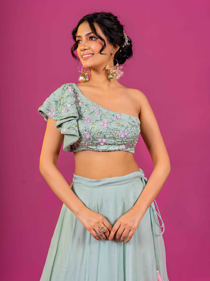 SKY BLUE PURE ORGANZA HAND EMBROIDERED LEHENGA SET WITH DUPATTA (SET OF 3)